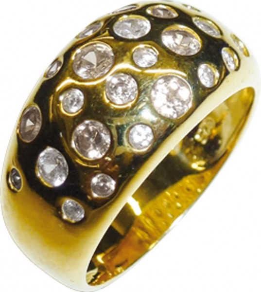 Hübscher Ring in echtem vergoldetem Silber Sterlingsilber 925/- besetzt mit 27 funkelnden weissen und cognacfarbenen Zirkoniasteinen. Wirkt wie ein Brillantring. Breite 12mm. Stärke 1,4mm. Gewicht 7,5g. Die Oberfläche ist poliert. Der Ring ist in 21mm Grö