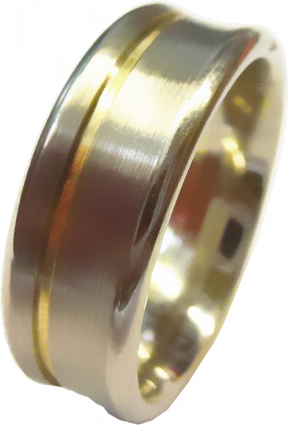 Ring in Silber Sterlingsilber 925/-, Ringgröße 59mm(19), Ringbreite 7mm und Ringstärke 1,6mm, mit mattierter Oberfläche, Außenkanten und vergoldete Fuge hochglanz poliert.