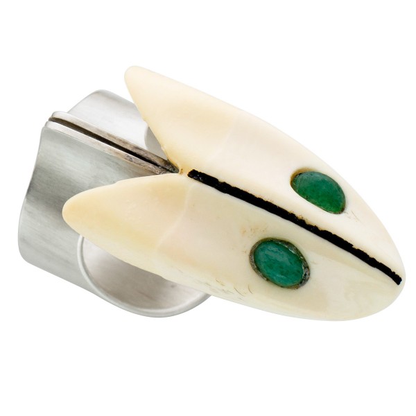 Ring – Silberring Antik Sterling Silber 925 Elfenbein 2 grüne Smaragde