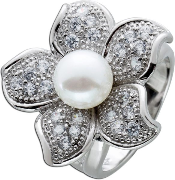 Blumenförmiger Perlenring weißer Süßwasserzuchtperle Diamanten Silber 925 Zirkonia