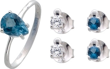 3-teiliges Set, Ring und 2x Ohrstecker in Silber Sterlingsilber 925/- mit funkelnden blauen und weissen Zirkonia. Der Ring ist besetzt mit einem blauen Zirkonia in Tropfenform, Durchmesser 7mmx6mm, Durchmesser der Ohrstecker 3,5mm. In feinster Qualität au