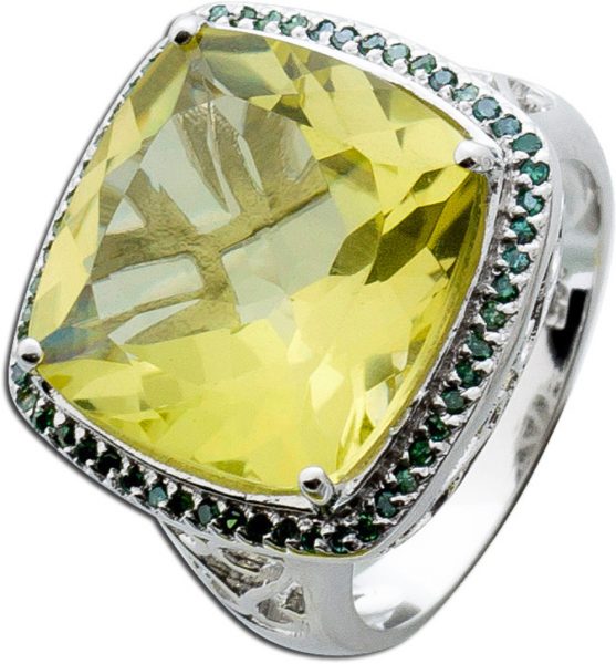 Edelsteinring Silber 925 Limonenquarz grüne Diamanten