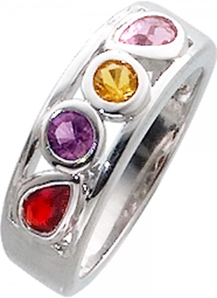 Traumhafter Ring in Silber Sterlingsilber 925/-, poliert, besetzt mit 4 farbigen strahlenden Glassteinen in gelb, rosa, lila und rot. Ringbreite 7mm, Stärke 4mm, lieferbar in den Größen 16-20mm. Premiumqualität zum Hammerpreis – nur bei Abramowicz aus Stu