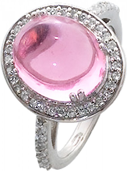 Trendiger Ring in Silber Sterlingsilber 925/-, poliert, besetzt mit einem rosafarbenen Glasstein umfasst von ca. 43 funkelnden Zirkonia, Ringkopfdurchmesser 16×14,5mm, Ringschienenbreite 1,9mm, Stärke 3mm. Der Ring ist lieferbar in den Größen 16-20mm. Top