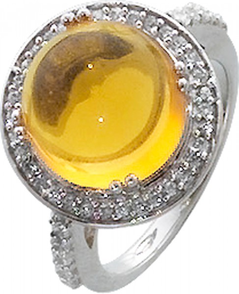 Wunderschöner Ring in Silber Sterlingsilber 925/-, poliert, besetzt mit einem gelben Cabochon-Glasstein eingebettet in ca. 44 strahlende Zirkonia, Ringkopfdurchmesser 16mm, Ringschienenbreite 2mm, Stärke 1mm. Der Ring ist lieferbar in den Größen 16-20mm.