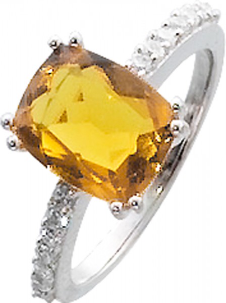 Stylischer Ring in Silber Sterlingsilber 925/-, poliert, besetzt mit einem gelben Glasstein und 14 funkelnde Zirkonia, Ringkopf 8x10mm, Ringschienenbreite 1,8 mm, Stärke 1mm. Der Ring ist lieferbar in den Größen 16-20mm. Premiumqualität zum günstigen Prei