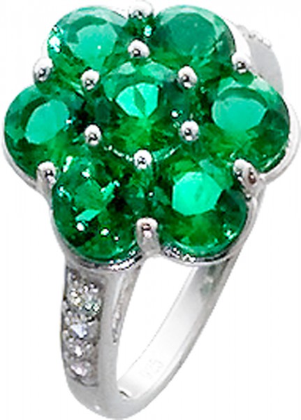 Hübscher Blumenring in Silber Sterlingsilber 925/-, poliert, besetzt mit 7 grünen strahlenden Glassteinen und 8 funkelnden Zirkonia, Ringkopf 15x14mm, Ringschienenbreite 2,5mm, Stärke 1mm. Der Ring ist lieferbar in den Größen 16-20mm. ABRAMMOWICZ aus Stut