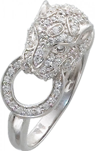 Außergewöhnlicher Ring in Silber Sterlingsilber 925/-, poliert, besetzt mit einem Pantherkopf, der in einen Ring beißt, mit ca. 50 funkelnden Zirkonia. Der Pantherkopf hat einen Durchmesser von 10x29mm, Ringschienenbreite 5mm, Stärke 1mm, lieferbar in den