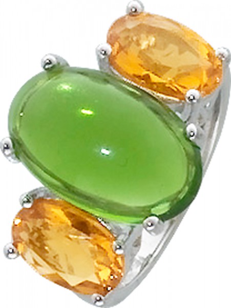 Stylischer Ring in Silber Sterlingsilber 925/-, poliert, besetzt mit 2 gelben und einem grünen Glasstein, Ringkopf 15x21x12mm, Ringschienenbreite 2,5 mm, Stärke 1mm. Der Ring ist lieferbar in den Größen 16-20mm. ABRAMMOWICZ aus Stuttgart – Top Qualität zu