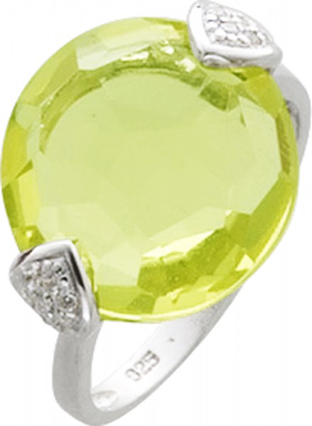 Ring in Silber Sterlingsilber 925/- 14 Zirkonia und einem facettieren lemonfarbenen Glasstein lieferbar in 16 – 20 mm
