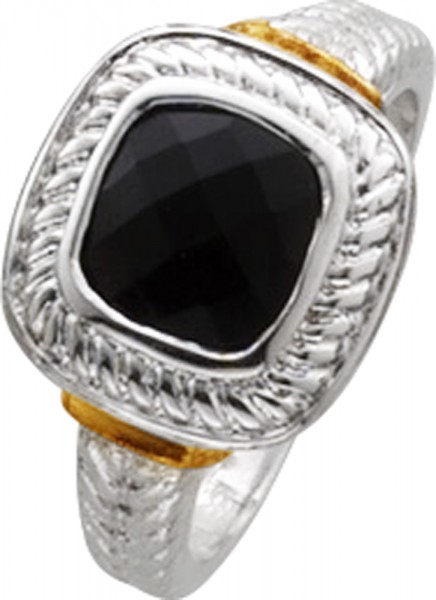Ring in Silber Sterlingsilber 925/- quadratischer, facettierter schwarzer Onyx, teilw. vergoldet 16 mm – 20 mm