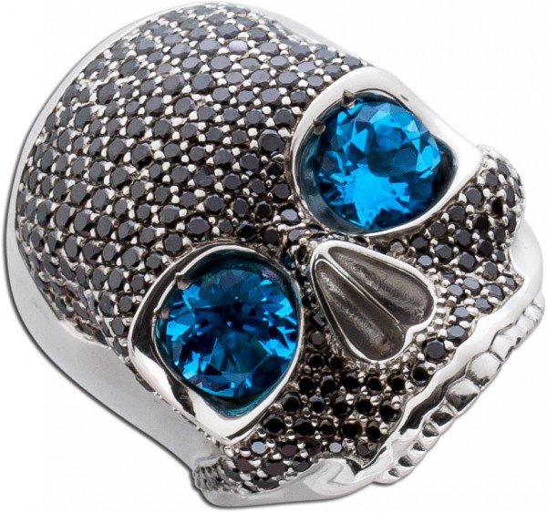 Totenkopfring by Saskia Dattner Ring Janis Silber 925 mit Blautopas und 282 schwarzen Diamanten