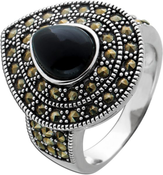 Ring Onyx schwarz tropfenförmig Silber 925  Markasit Steinen Edelsteinring