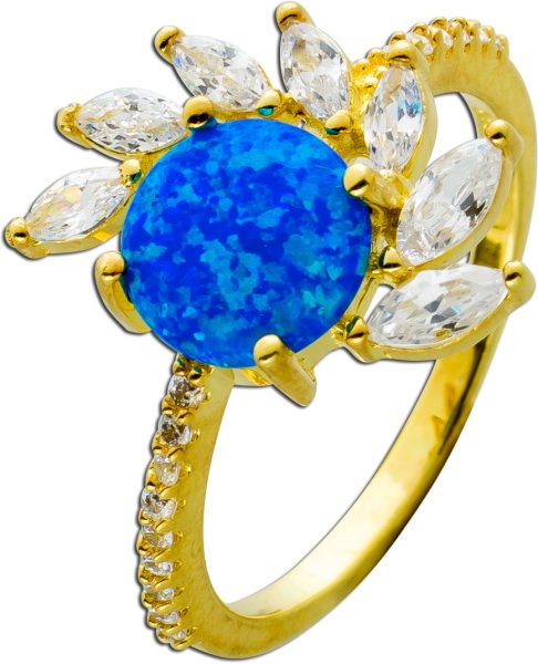 Ring Silber 925 vergoldet, mit einem synth. blauen Opal und 7 Navette Zirkonia, 20 runde Zirkonia