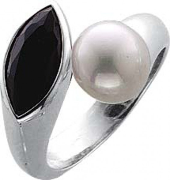 Edler Ring mit funkelndem schwarzen Zirkonia und echter, wunderschön glänzenden Süßwasserzuchtperle aus echtem Silber Sterlingsilber 925/- im Topdesign (Breite ca. 7,6 mm mit gleichbleibender Ringschiene), Perlendurchmesser ca. 7,8 mm, Zirkonia ca. 15 mm,