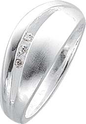 Zirkoniaring. Ring mit 3 wunderschön funkelndem weißen Zirkoniasteinen aus echtem Silber Sterlingsilber 925/- im edlen Weißgoldbrillantlook mit nach unten verjüngenden Ringschiene. Die Oberfläche ist rhodiniert und mattiert. Ringkopfbreite ca. 22 mm, Brei