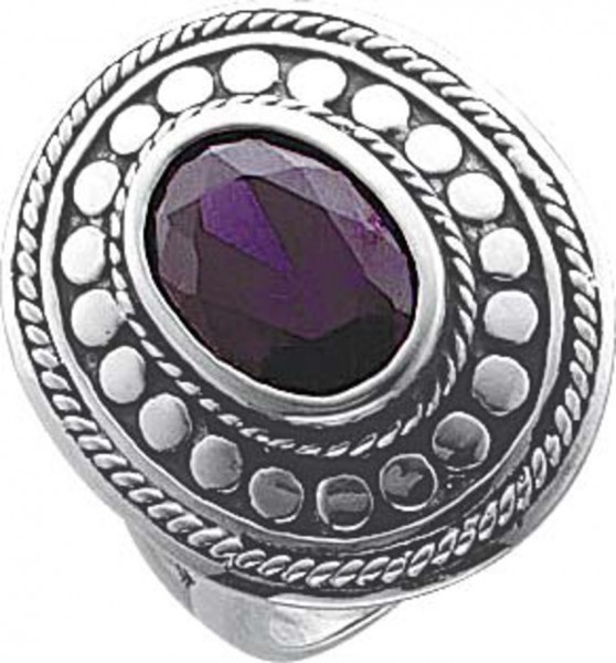 Ring aus echtem Silber Sterlingsilber 925/-, besetzt mit einem funkelndem lila Zirkonia (ca. 12 mm), mit leicht nach unten verjüngenden Rinschiene im absoluten Topdesign. Ringkopfbreite ca. 14 mm, Breite ca. 4,4 mm, Stärke ca. 1,10  mm, rhodiniert und pol