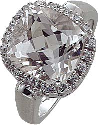 Ring aus echtem Silber Sterlingsilber 925/- mit weißem Topas, und ca. 20 Zirkoniasteinen. Breite ca. 11mm und Stärke ca. 3mm. Die Oberfläche ist rhodiniert und poliert. Zum Schnäppchenpreis von Abramowicz/Stuttgart