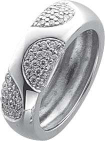 Ring aus echtem Silber Sterlingsilber 925/- mit ca. 51 weißen funkelnden Zirkoniasteinen. Breite ca. 7mm und Stärke ca. 3mm. Die Oberfläche ist rhodiniert und poliert. Zum Schnäppchenpreis von Abramowicz/Stuttgart