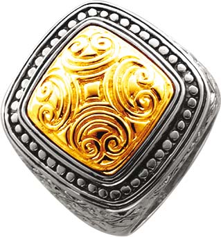 Ring aus Silber Sterlingsilber 925/-, mit Ornamenten und einer auf Hochglanz polierten Ringschiene (ca. 4,8 mm breit und 1,3 mm stark), Ringkopf (ca. 22,1 mm x 23,4 mm) teilweise vergoldet, in den Größen 16-20 mm erhältlich. Spitzenqualität zum Schnäppche