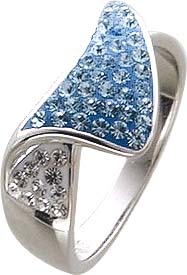 Silberring. Ring aus echtem Silber Sterlingsilber 925/- mit 58 funkelnden weißen und blauen Kristallstrassteinen, rhodiniert und hochglanzpoliert mit leicht nach unten verjüngenden Ringschiene im exklusiven Design. Ringkopfbreite ca. 17,73 mm, Breite ca.
