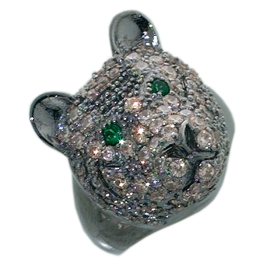 Designer-Ring, Leopardenkopf Silber Sterlingsilber 925/- mit 95 funkelnden, champagnerfarbene Zirkonia grüne synthetische Steine