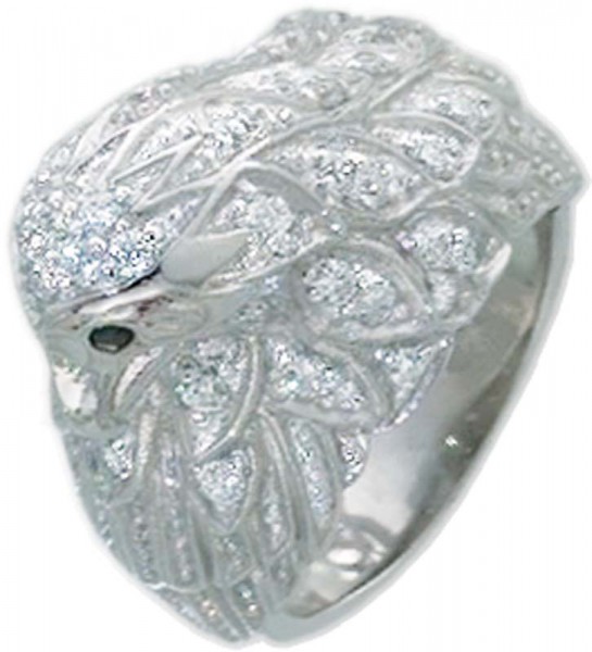 Ring Adler aus Silber Sterlingsilber 925/-, besetzt mit ca. 52 wunderschön strahlenden weißen Zirkonia und zwei schwarzen Zirkonia, rhodiniert (Weißgoldoptik), hochglanzpoliert, mattiert und in den Größen 16-20 mm erhältlich. Die Ringschiene ist ca. 5,5