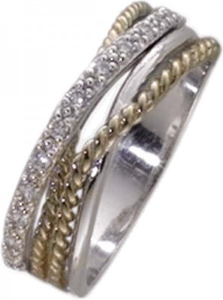 Ring aus echtem Silber Sterlingsilber 925/- mit ca. 13 weißen funkelnden Zirkoniasteinen, teilweise vergoldet. Breite ca. 6mm und Stärke ca. 2mm. Die Oberfläche ist rhodiniert und poliert. Zum Schnäppchenpreis von Abramowicz/Stuttgart