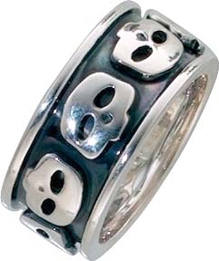 Ring aus echtem Silber Sterlingsilber 925/-  Breite ca. 9 mm, Stärke ca. 2 mm, mit gleichbleibender Ringschiene, hochglanz poliert und rhodiniert, teilweise geschwärzt. Mit  Totenkopfmuster passend für Ihre Sammelsysteme.Ein echter Hingucker. Premiumquali