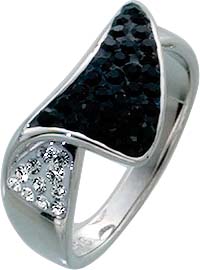 Silberring. Ring aus echtem Silber Sterlingsilber 925/- mit funkelnden weißen und schwarzen Kristallstrassteinen, rhodiniert und hochglanzpoliert mit leicht nach unten verjüngenden Ringschiene im exklusiven Design. Ringkopfbreite ca. 17,73 mm, Breite ca.