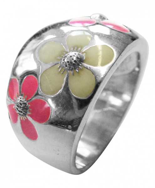Verspielter Silberring Ring in Größe 18,7 mm Silber Sterlingsilber 925/-, emailliertes Blumenmuster