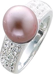 Traumhafter Ring aus echtem Silber Sterlingsilber 925/- im absoluten Topdesign mit einer wunderschön glänzenden, rosafarbenen Synthethikperle und mit weißen funkelnden Kristallstrasssteinen besetzt und edler rhodinierter und hochglanzpolierter Ringschiene