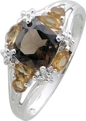 Traumhafter Ring aus echtem Silber Sterlingsilber 925/-, poliert und besetzt mit einem Rauchquarz eingefasst von 6 Citrine. Durchmesser Rauchquarz 7mm, Ringkopfbreite 10mm, Ringschiene Stärke 1mm. Topqualität zum Schnäppchenpreis nur von Ihrem Juwelier au